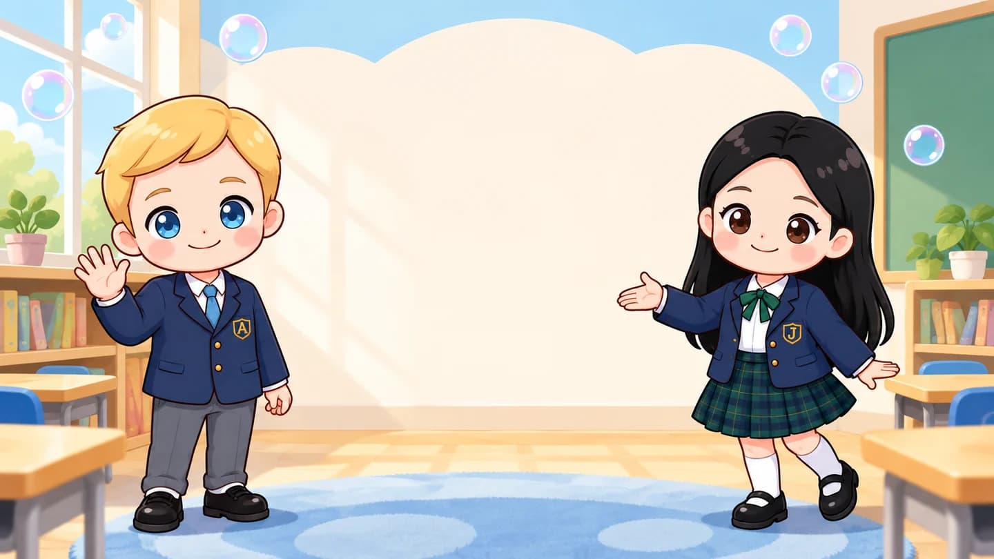 Adam and Jimin welcome the class beside a classroom board.