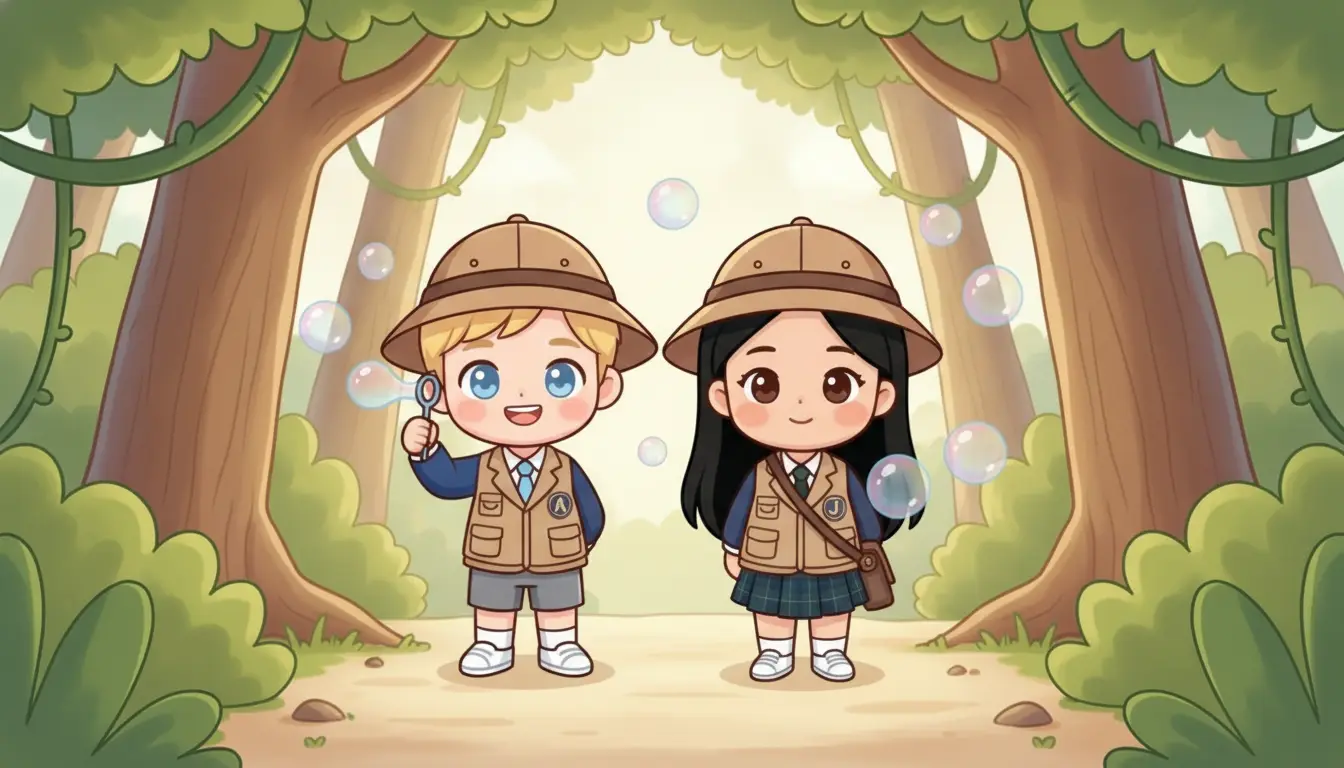 Adam and Jimin wear explorer outfits in a jungle with bubbles floating around them.