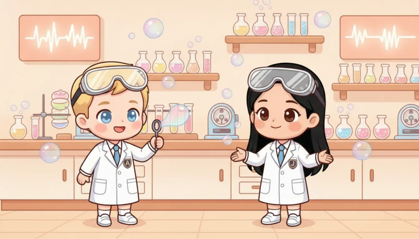 Adam and Jimin wear white lab coats and goggles in a room with bubbles, bottles and sound displays.