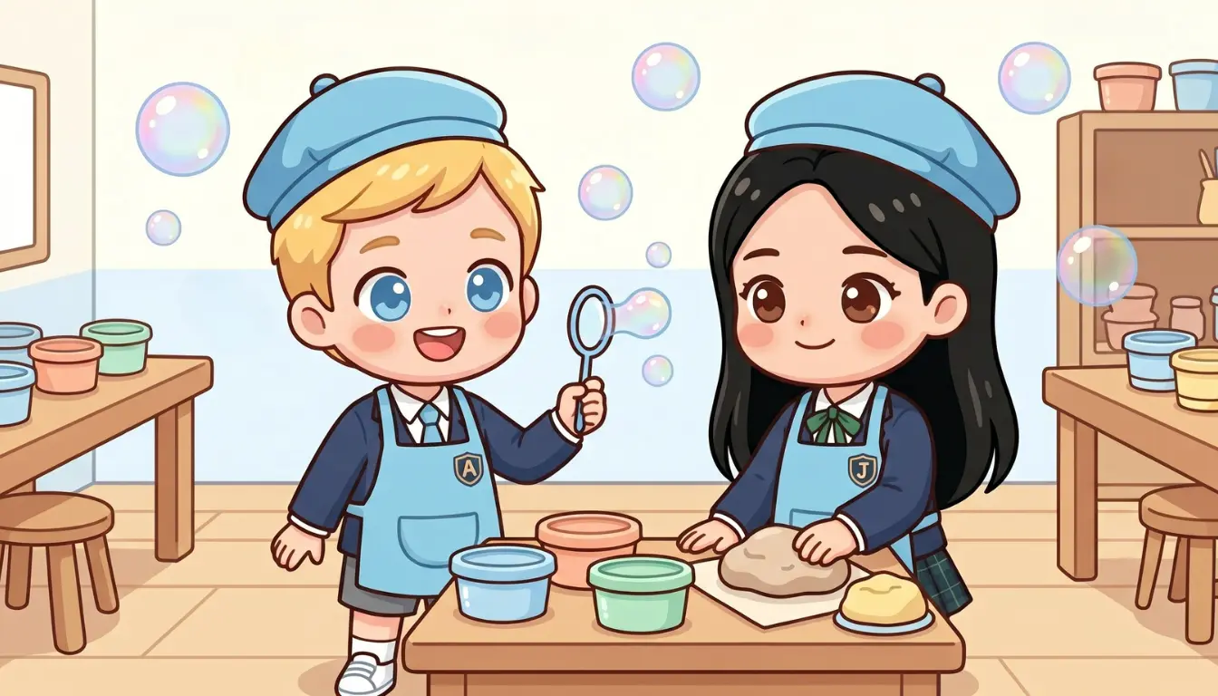 Adam and Jimin wear blue caps and aprons at a clay workshop table with tubs and a rolling pin.