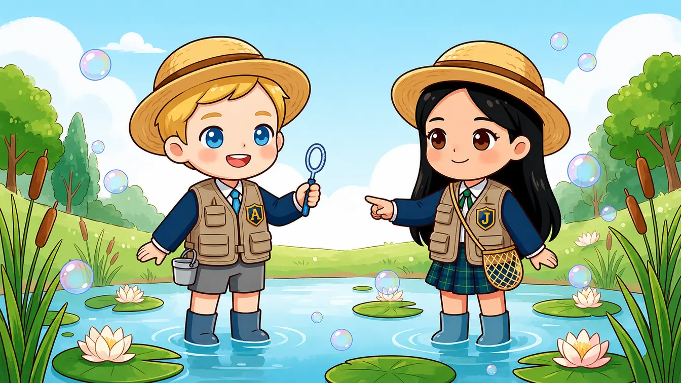 Adam and Jimin wear fishing hats and boots in a pond. Adam holds a bubble wand.