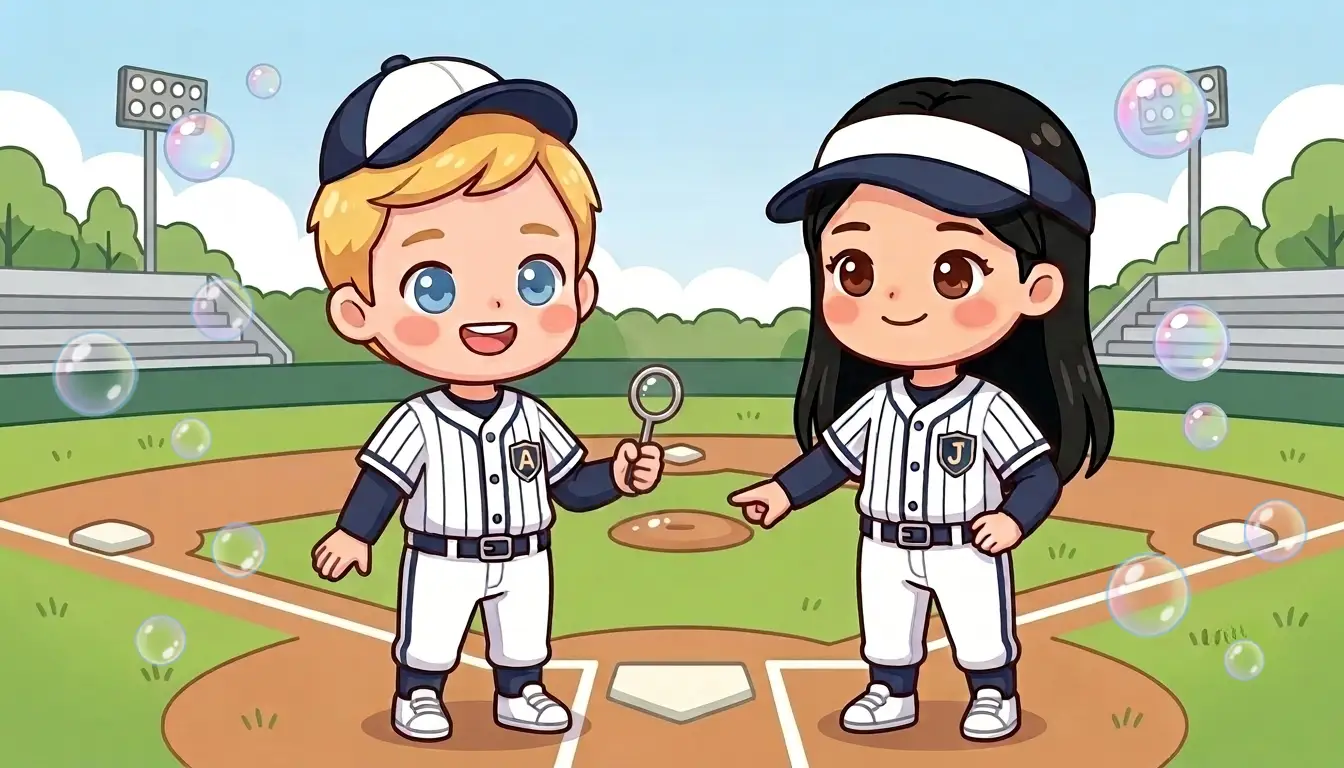 Adam and Jimin wear striped baseball uniforms by home plate. Adam holds a bubble wand.