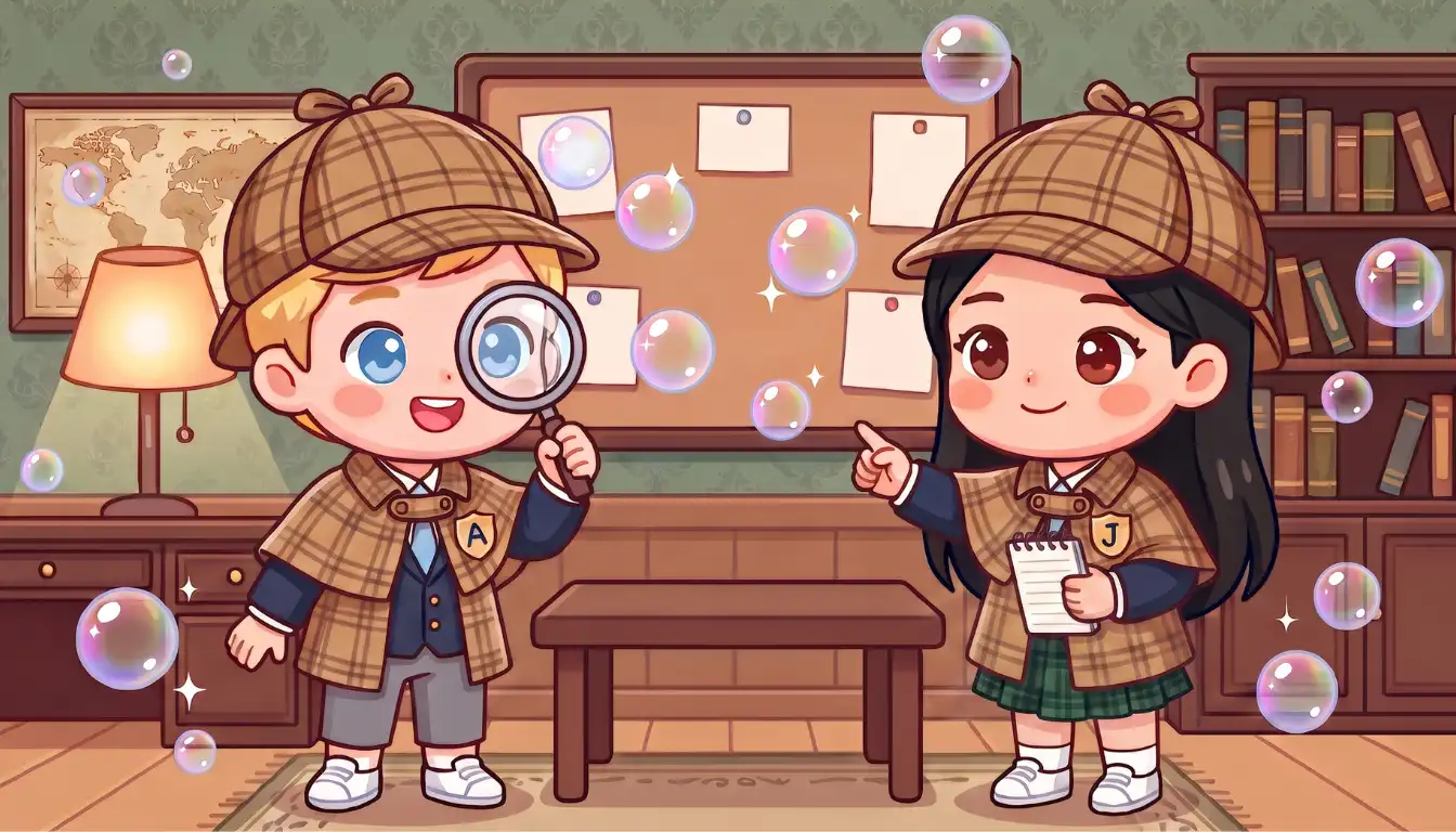 Adam looks through a magnifying glass while Jimin points near a noticeboard and holds a notebook. Both wear checked detective hats and capes.