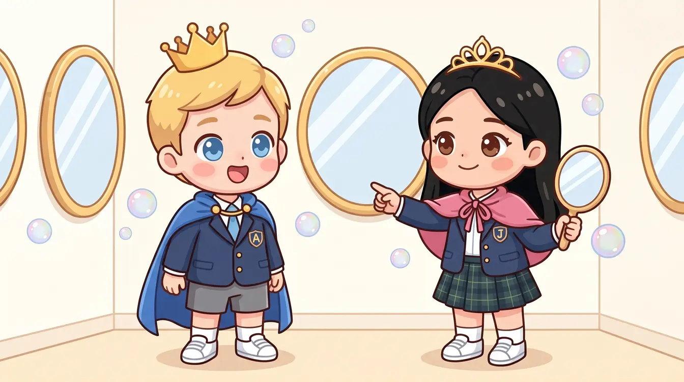 Adam wears a crown and blue cape, and Jimin wears a tiara and pink cape. Jimin holds a hand mirror and points in a room with oval wall mirrors.