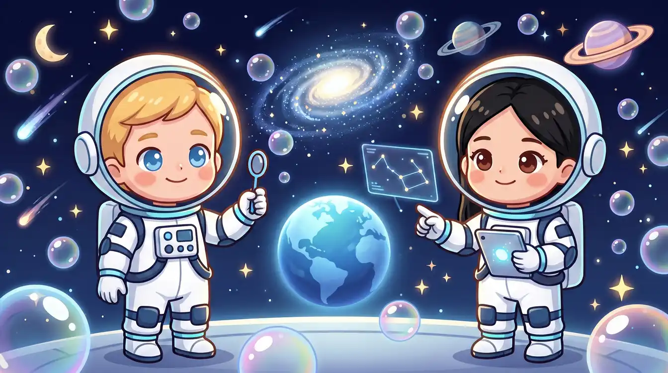 Adam and Jimin wear white and navy spacesuits with clear helmets. Adam holds a bubble wand; Jimin holds a tablet and points beside a glowing Earth.