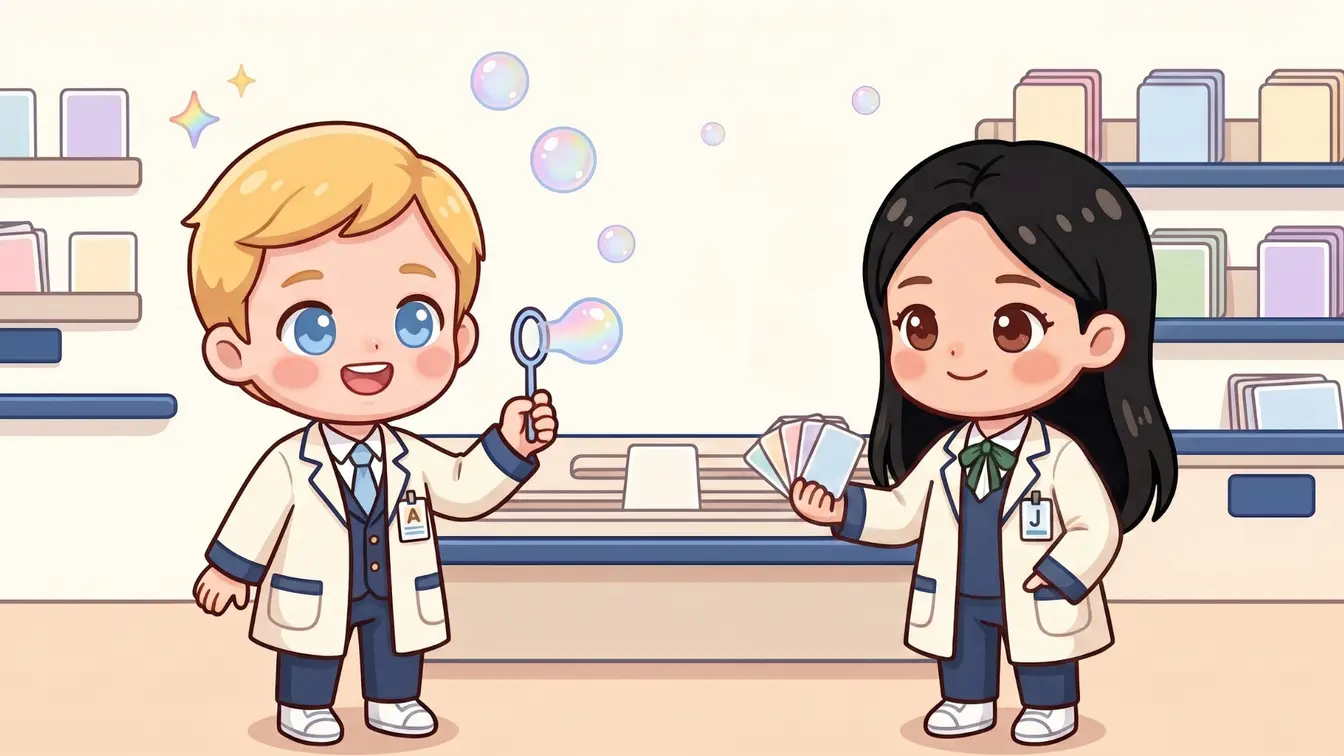 Adam holds a bubble wand and Jimin holds blank cards. Both wear white lab coats over navy uniforms; Adam has a blue tie and Jimin a green ribbon.