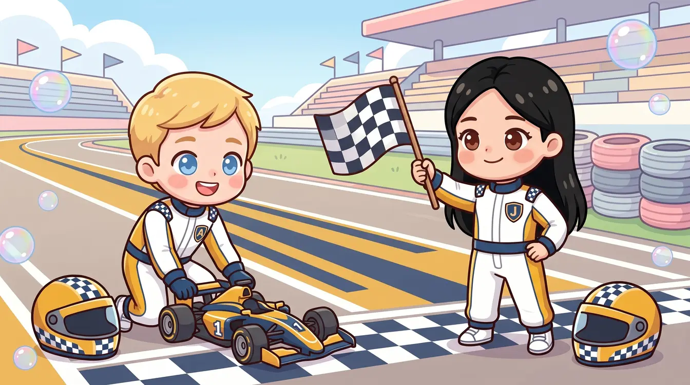 Adam kneels beside a yellow model racing car numbered 1. Jimin holds a checkered flag. Both wear white racing suits with yellow panels and navy trim; helmets rest on the track.