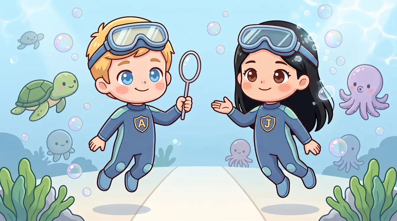 Adam and Jimin wear navy wetsuits with aqua panels and A/J badges. Goggles rest above their faces. Adam holds a small net; a turtle and purple octopus are nearby.