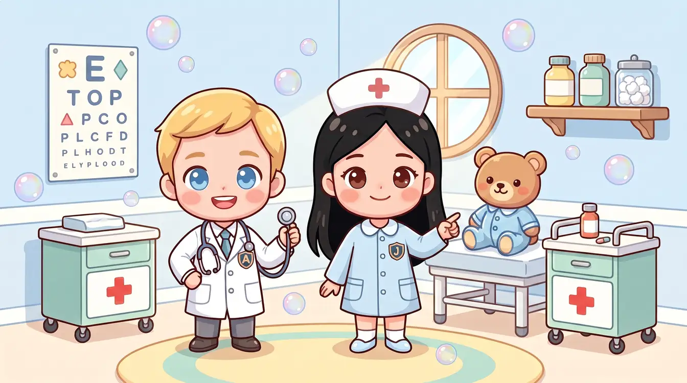 Adam wears a white doctor coat with an A badge and holds a stethoscope. Jimin wears a pale blue uniform with a J badge and a white nurse cap. She points to a teddy bear on the examination table.