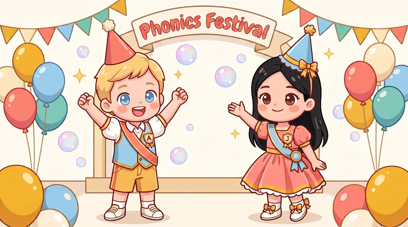 Adam wears a blue vest, yellow shorts, a red sash and a red party hat with an A badge. Jimin wears a coral dress, blue sash and blue party hat with a J badge. They greet among balloons under a Phonics Festival banner.